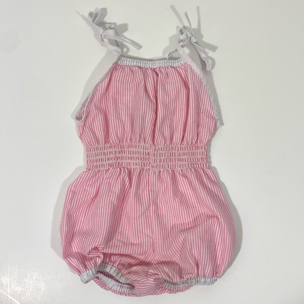 Vintage 80’s Pink Striped Smocked Romper 3T 2T Playsuit Summer Embroidered - Picture 8 of 12